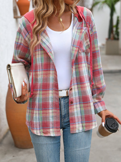 Plaid Long Sleeve Hooded Jacket-Angel Casuals