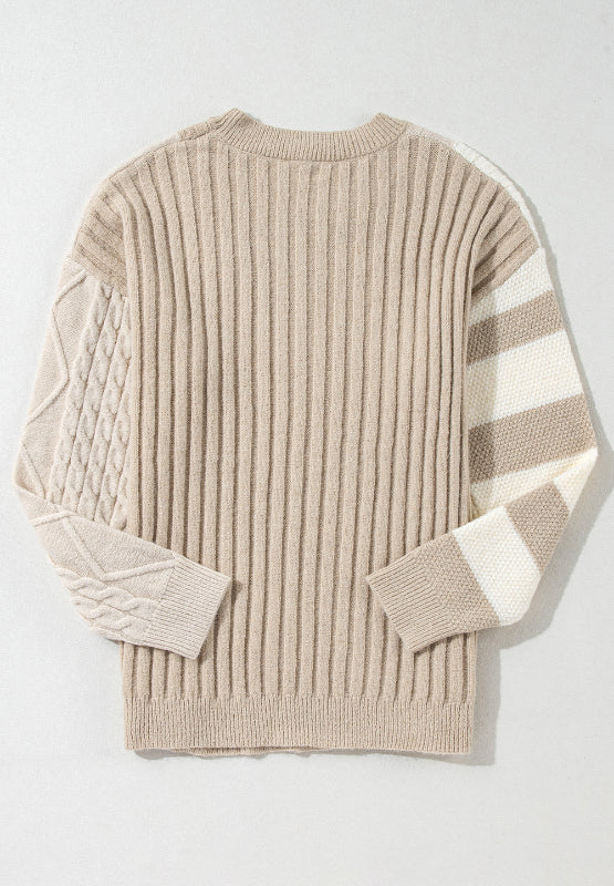 Cable-Knit Color Block Round Neck Sweater-Angel Casuals