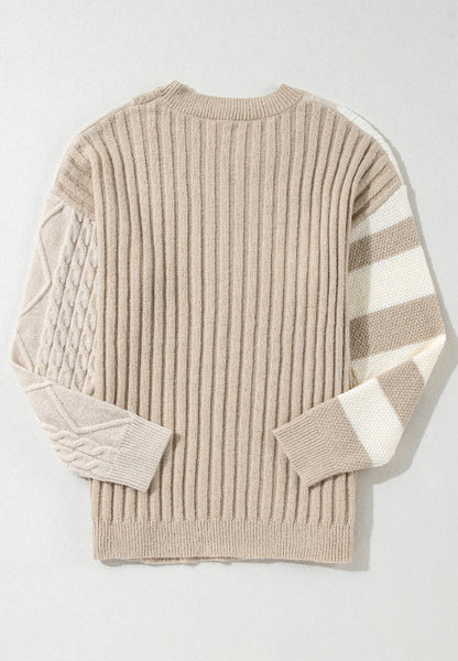 Cable-Knit Color Block Round Neck Sweater-Angel Casuals