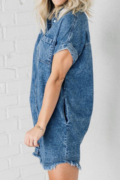 Raw Hem Pocketed Cap Sleeve Denim Dress-Angel Casuals