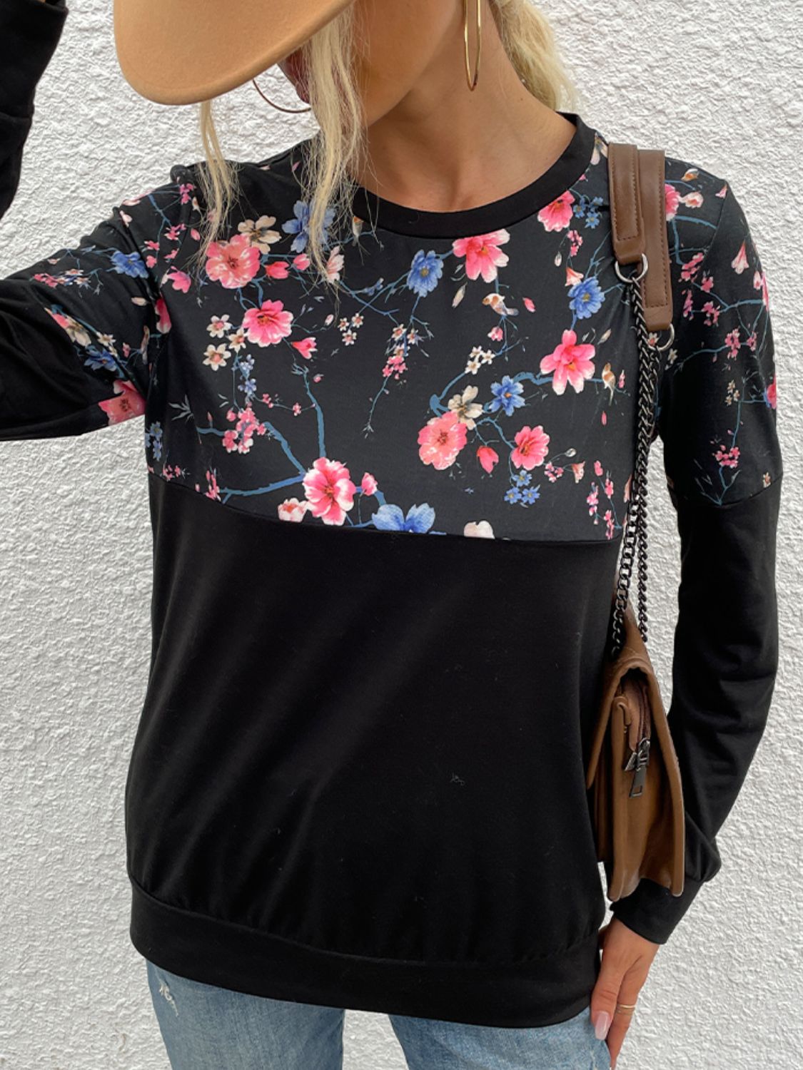 Floral Print Round Neck Dropped Shoulder Tee-Angel Casuals