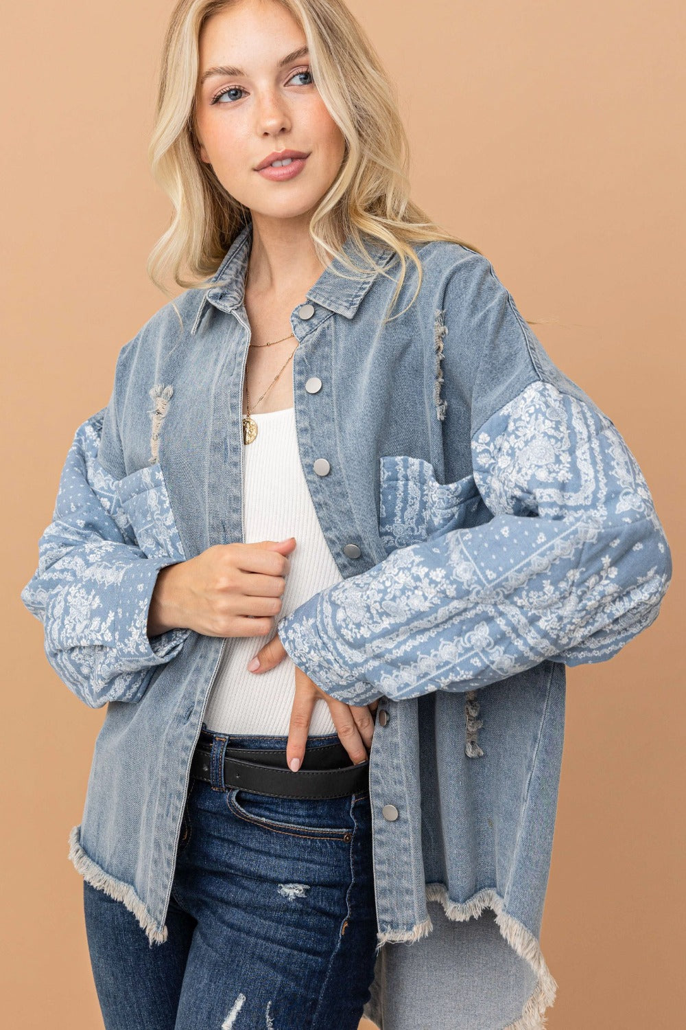 And The Why Full Size Paisley Print Quilted Sleeves Denim Jacket-Angel Casuals