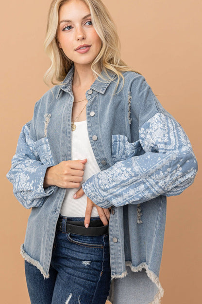 And The Why Full Size Paisley Print Quilted Sleeves Denim Jacket-Angel Casuals