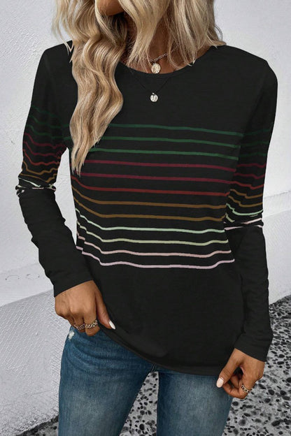 Striped Round Neck Long Sleeve T-Shirt-Angel Casuals