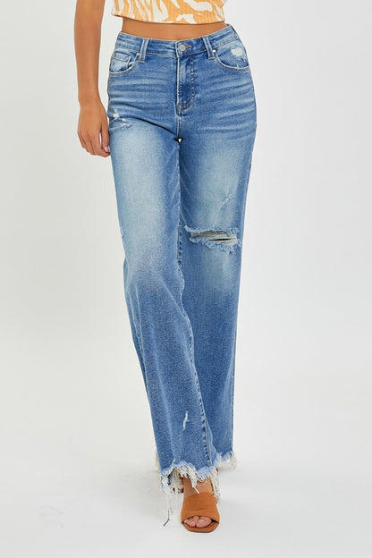 RISEN Full Size High Rise Frayed Hem Wide Leg Jeans-Angel Casuals