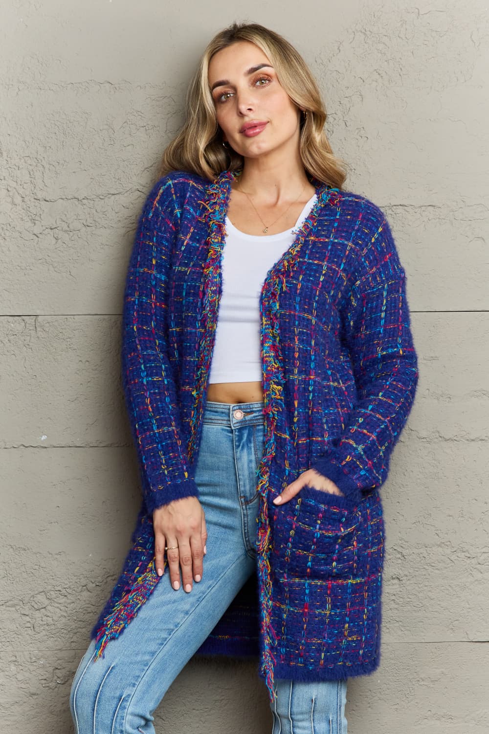 Plaid Fringe Trim Open Front Longline Cardigan-Angel Casuals