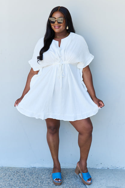 Ninexis Out Of Time Full Size Ruffle Hem Dress with Drawstring Waistband in White-Angel Casuals