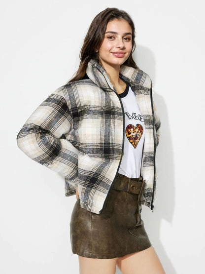 Plaid Zip Up Long Sleeve Jacket-Angel Casuals