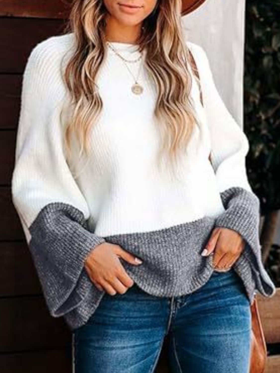 Contrast Round Neck Long Sleeve Sweater-Angel Casuals