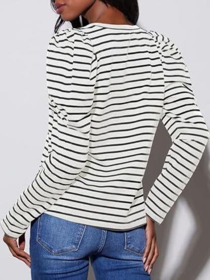 Striped Round Neck Long Sleeve T-Shirt-Angel Casuals
