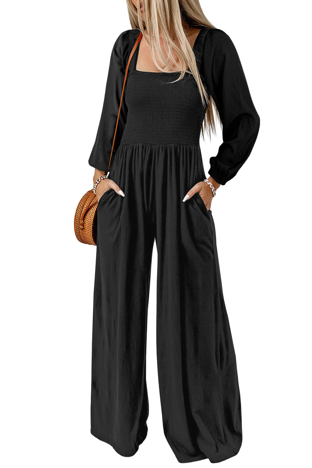 Square Neck Raglan Sleeve Jumpsuit with Pocket-Angel Casuals