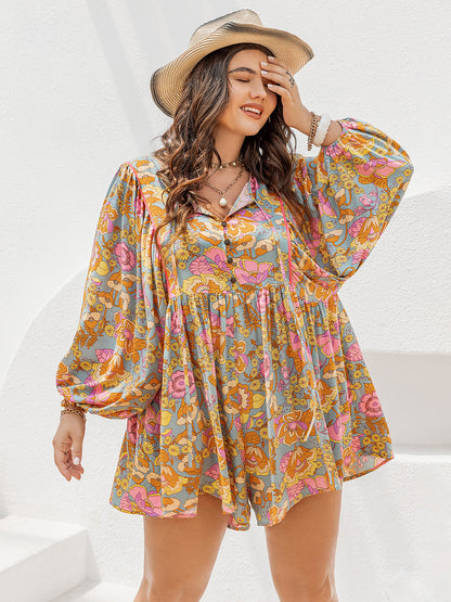 Plus Size Floral Tie Neck Balloon Sleeve Romper-Angel Casuals