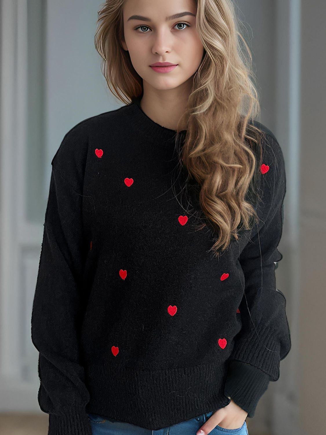 Heart Round Neck Long Sleeve Sweater-Angel Casuals