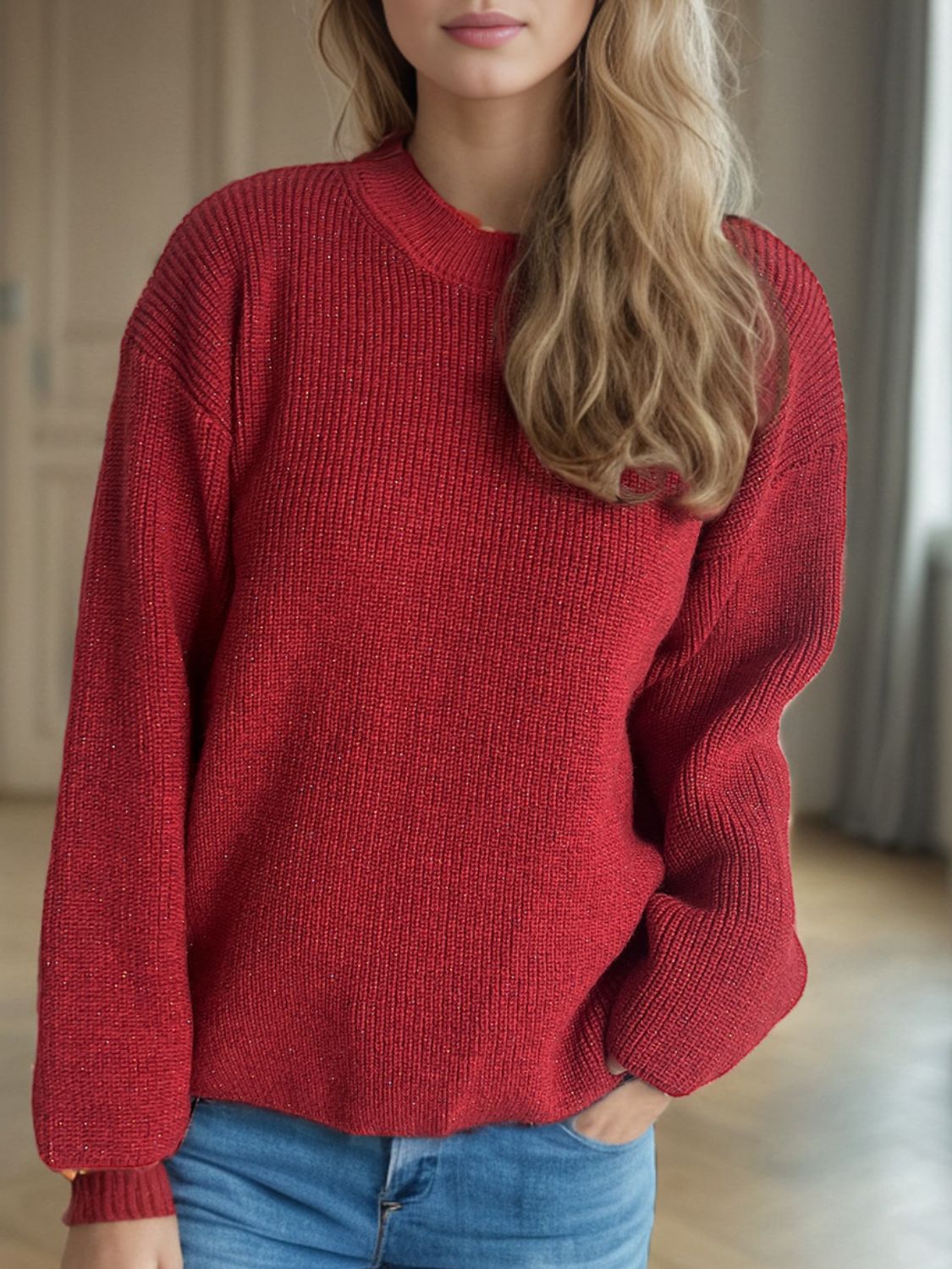 Solid Color Round Neck Long Sleeve Sweater-Angel Casuals