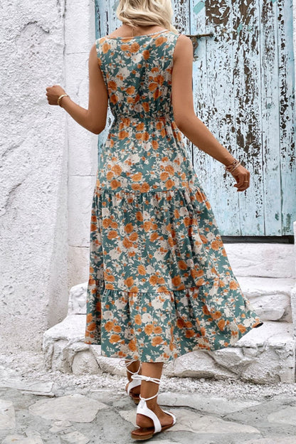 Floral V-Neck Tiered Sleeveless Dress-Angel Casuals