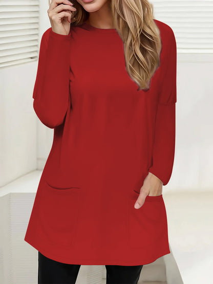 Full Size Pocketed Round Neck Long Sleeve T-Shirt-Angel Casuals
