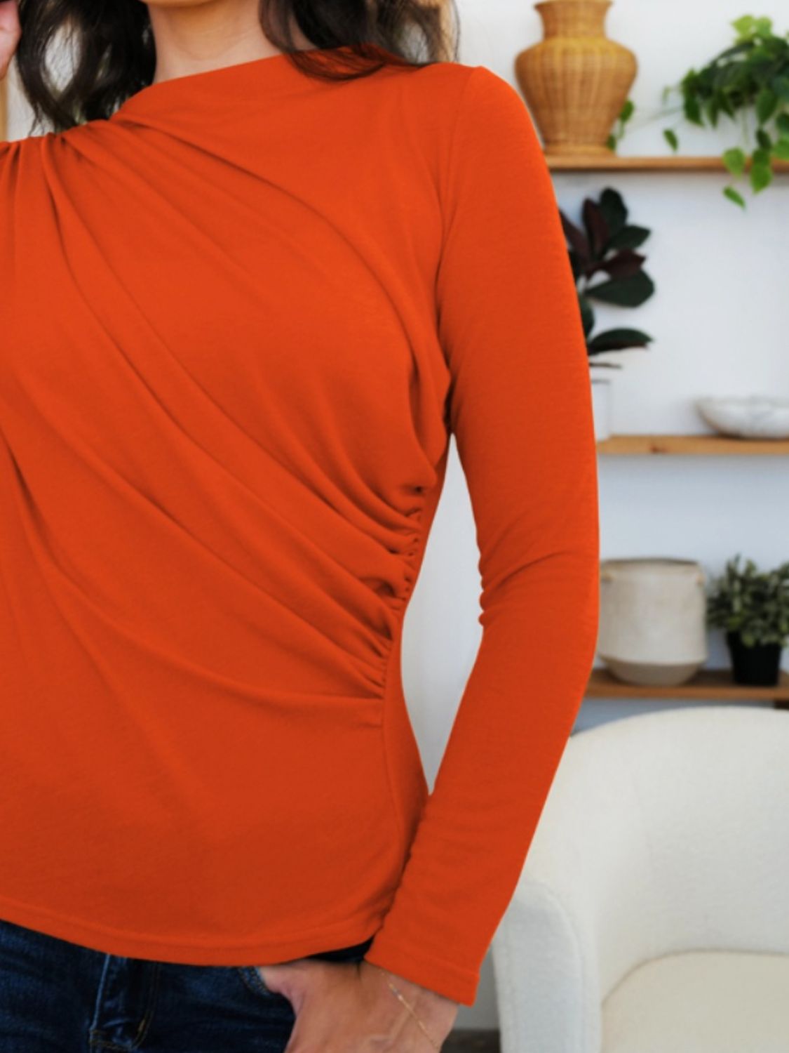 FAM-FAM Ruched Mock Neck Long Sleeve T-Shirt-Angel Casuals
