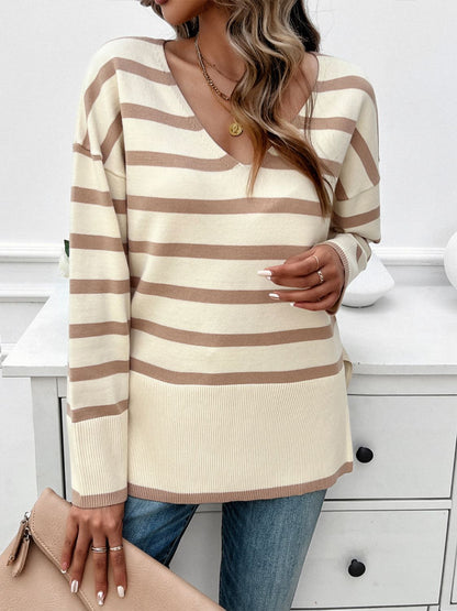 Devine Striped V-Neck Long Sleeve Knit Top-Angel Casuals