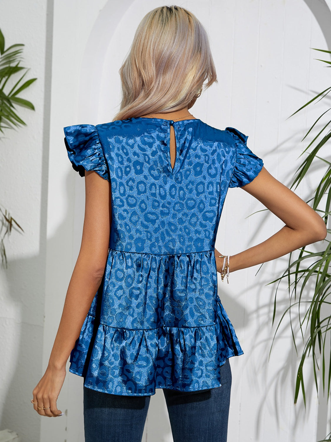 Full Size Ruffled Leopard Cap Sleeve Top-Angel Casuals
