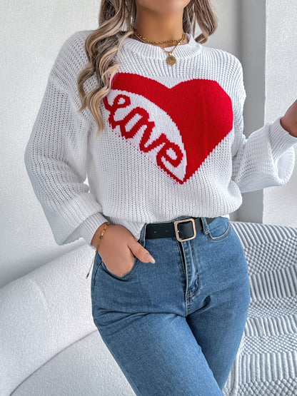 LOVE Heart Round Neck Dropped Shoulder Sweater-Angel Casuals