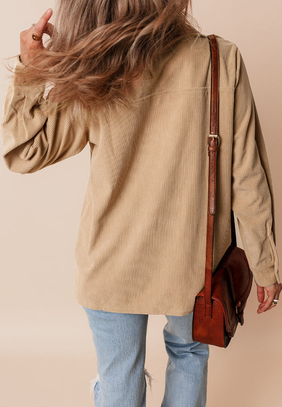 Frill Button Up Long Sleeve Shacket-Angel Casuals