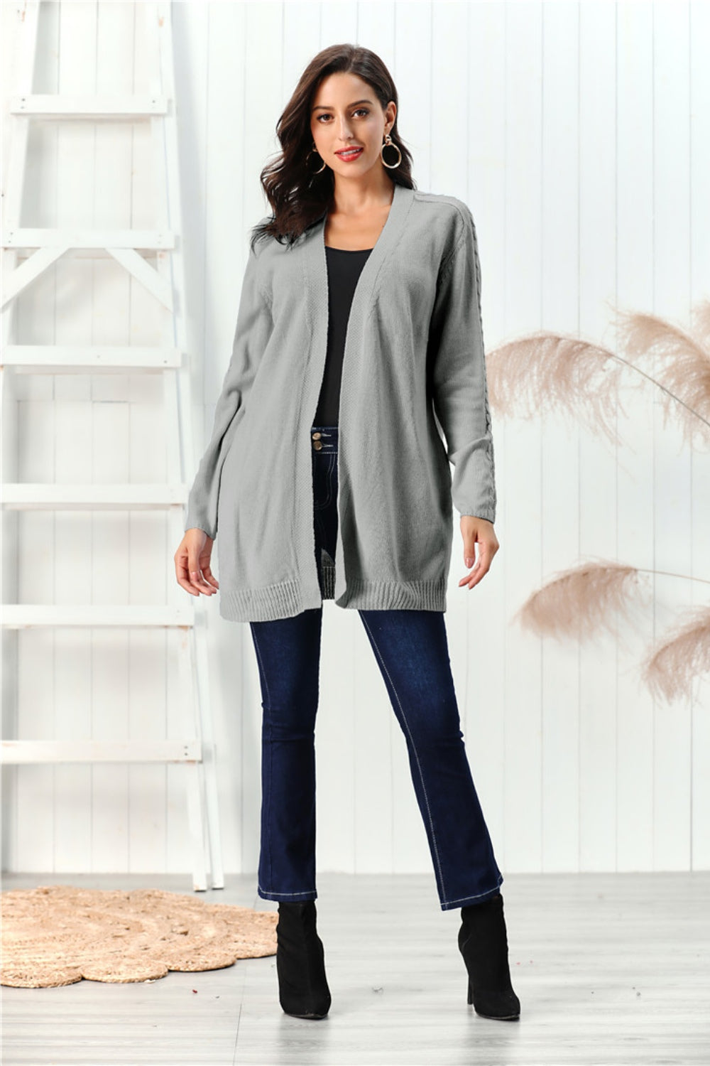 Cable-Knit Open Front Long Sleeve Cardigan-Angel Casuals