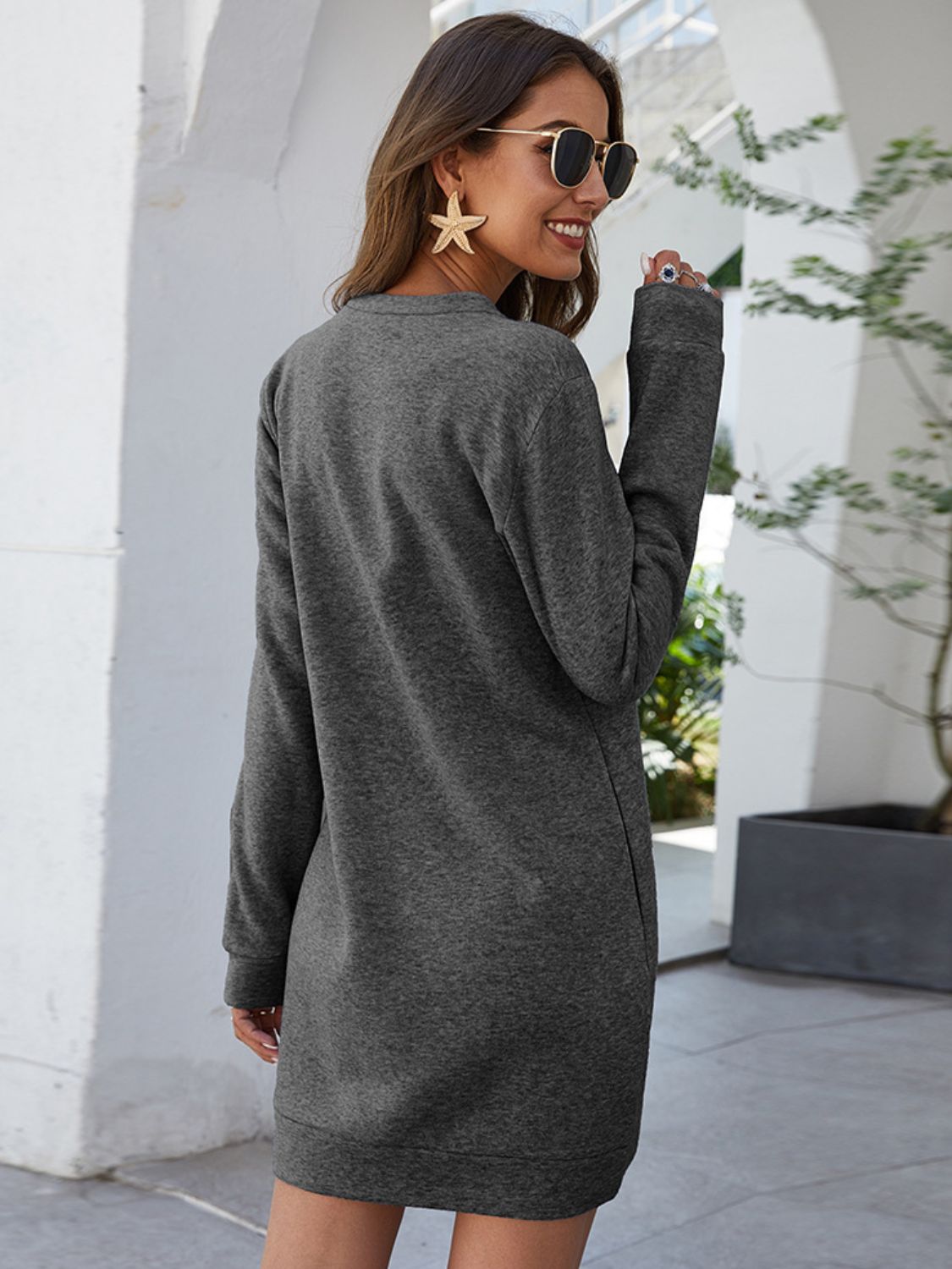 Round Neck Long Sleeve Mini Dress with Pockets-Angel Casuals