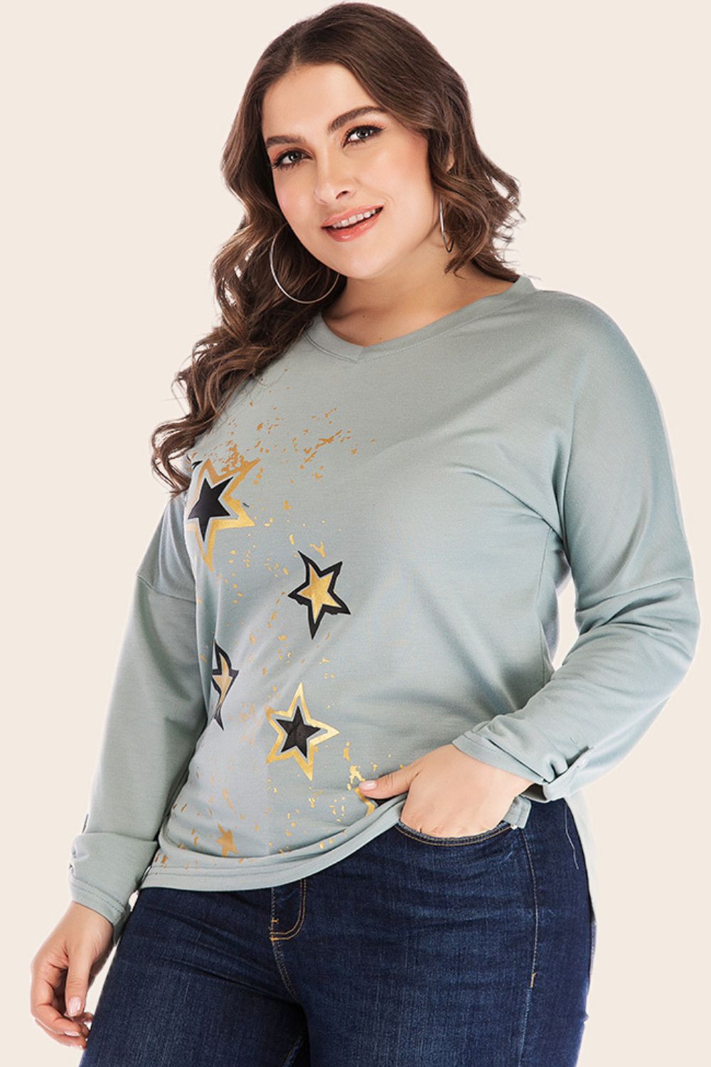 Full Size Star Graphic Slit Dropped Shoulder Top-Angel Casuals