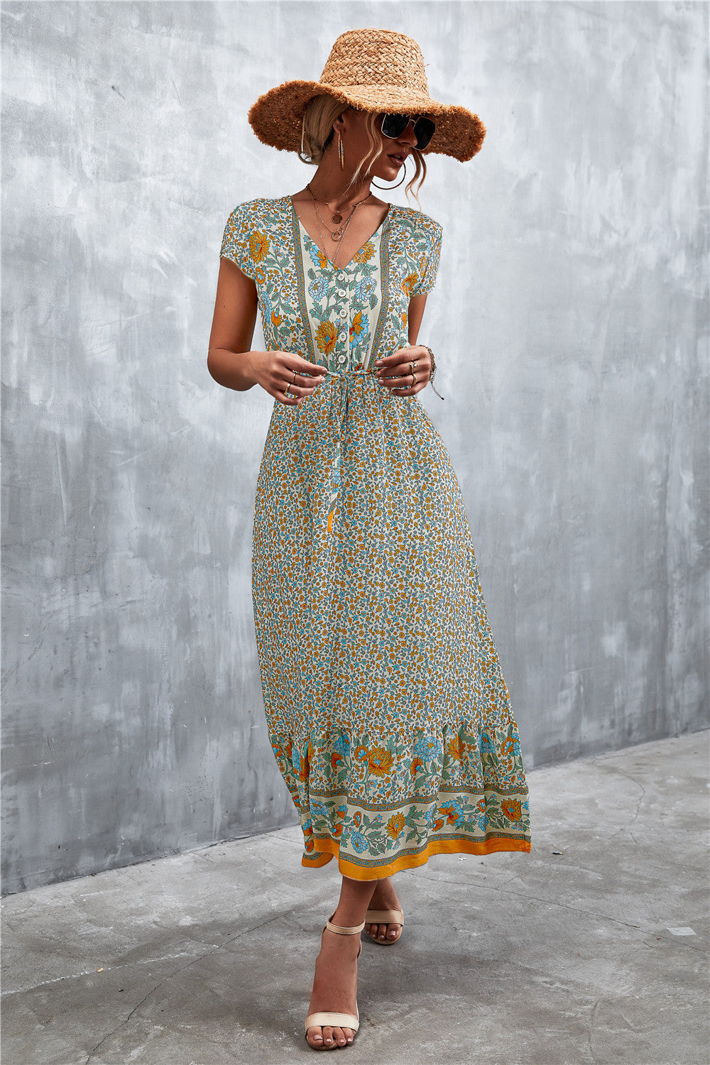 V-Neck Short Sleeve Printed Maxi Dress-Angel Casuals