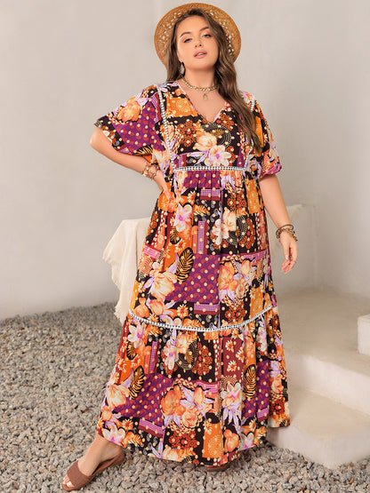 Plus Size Printed V-Neck Half Sleeve Maxi Dress-Angel Casuals