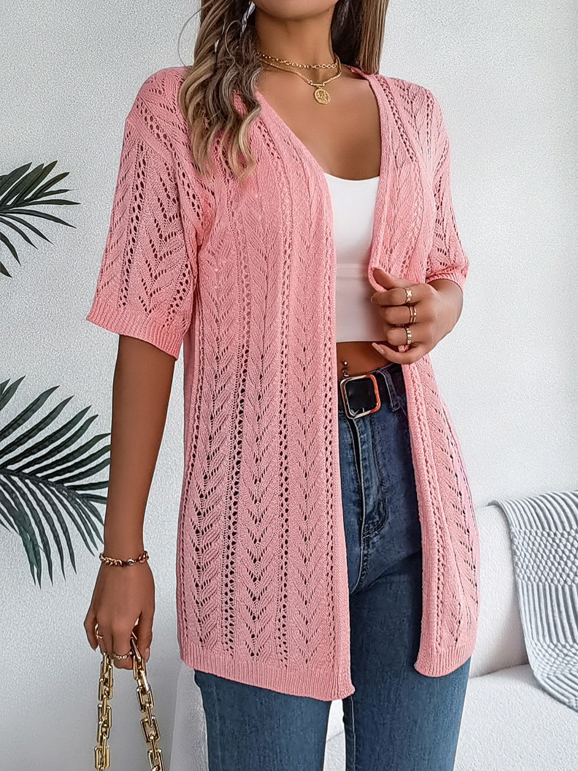 Openwork Open Front Half Sleeve Cardigan-Angel Casuals