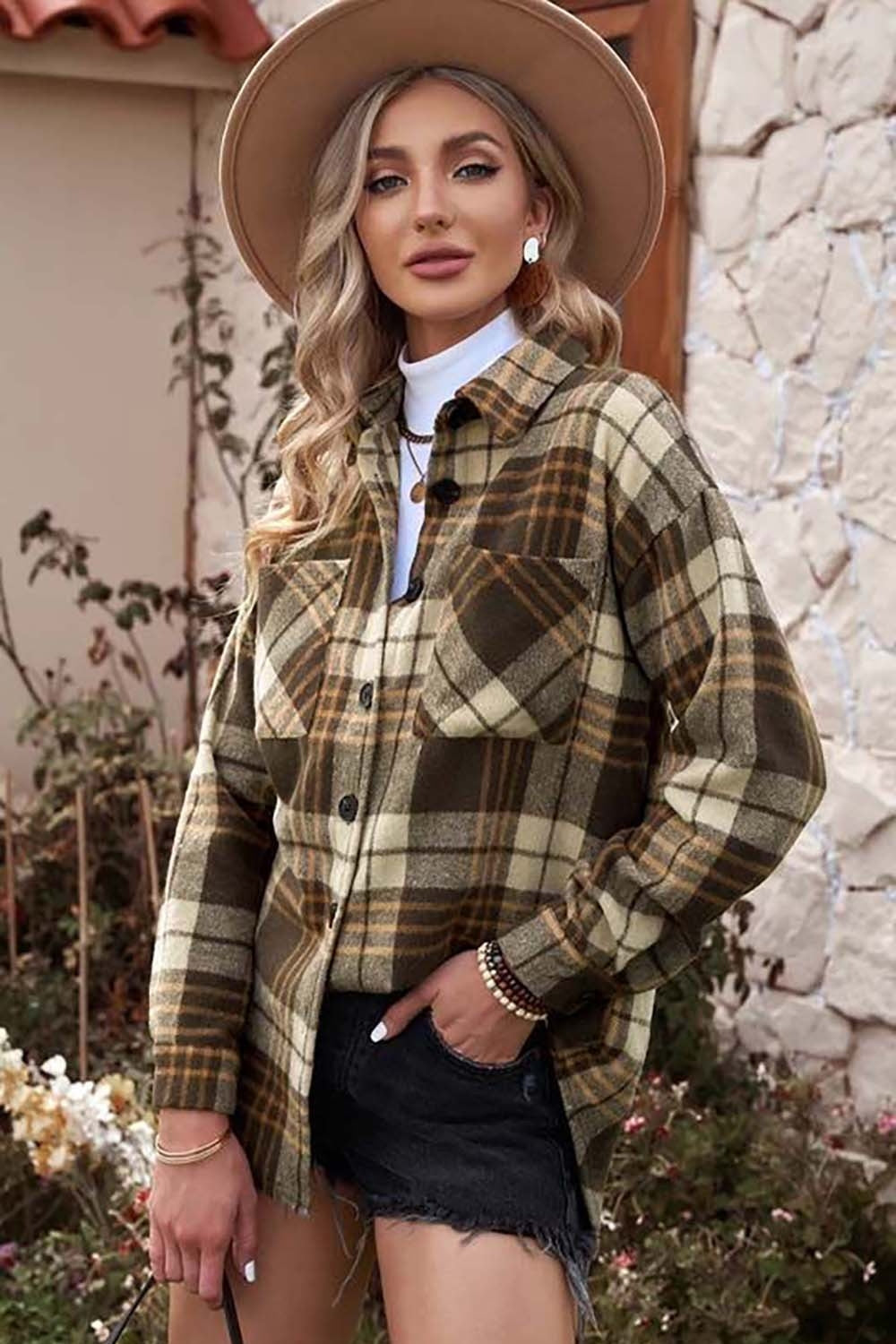 Plaid Collared Neck Button Up Jacket with Pockets-Angel Casuals