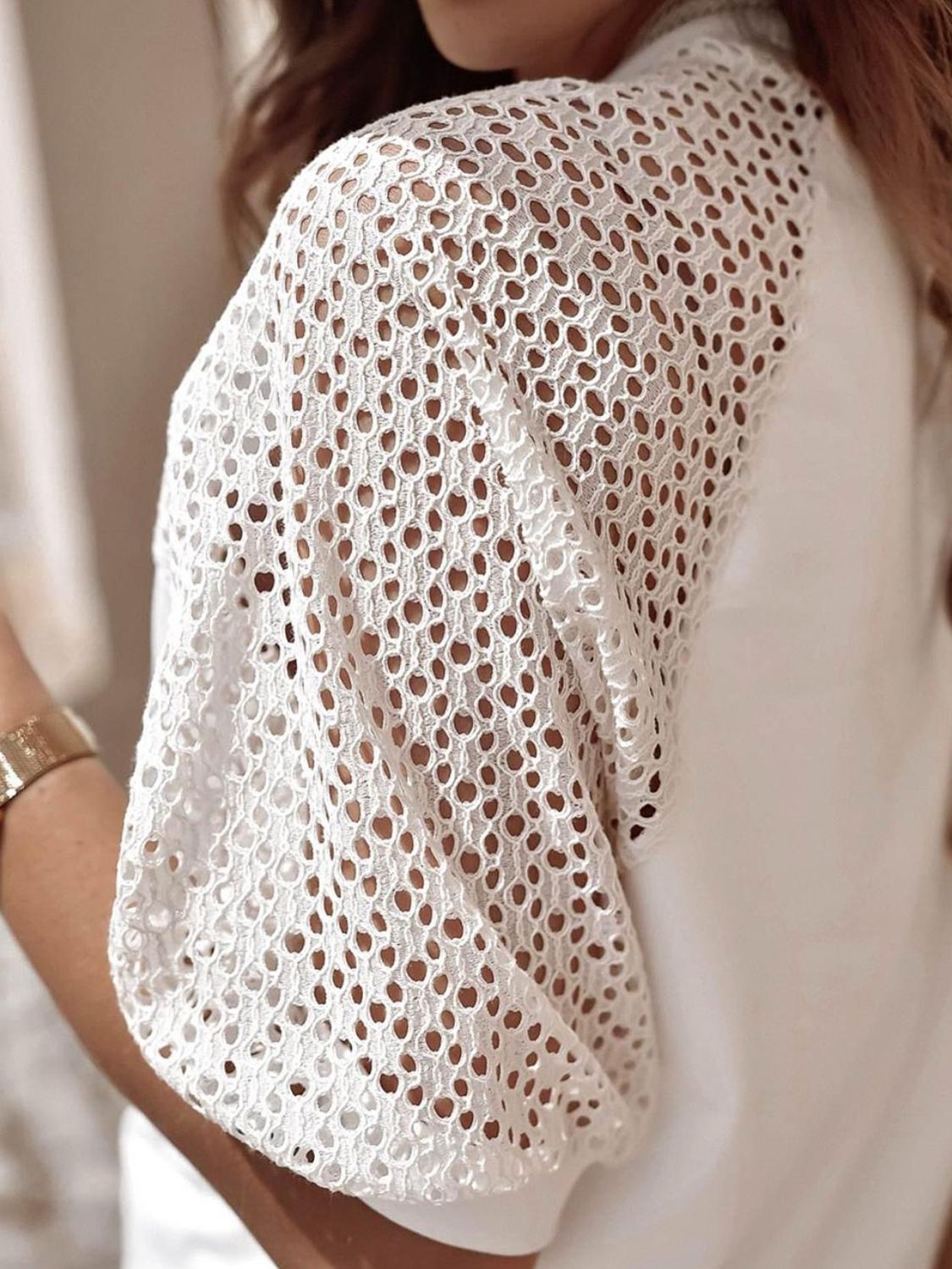 Eyelet Round Neck Half Sleeve T-Shirt-Angel Casuals
