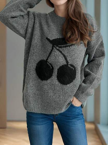 Cherry Round Neck Long Sleeve Sweater-Angel Casuals