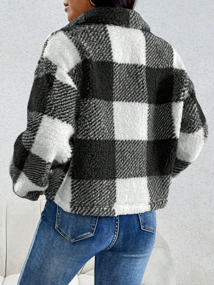 Decorative Pocket Flap Plaid Long Sleeve Jacket-Angel Casuals