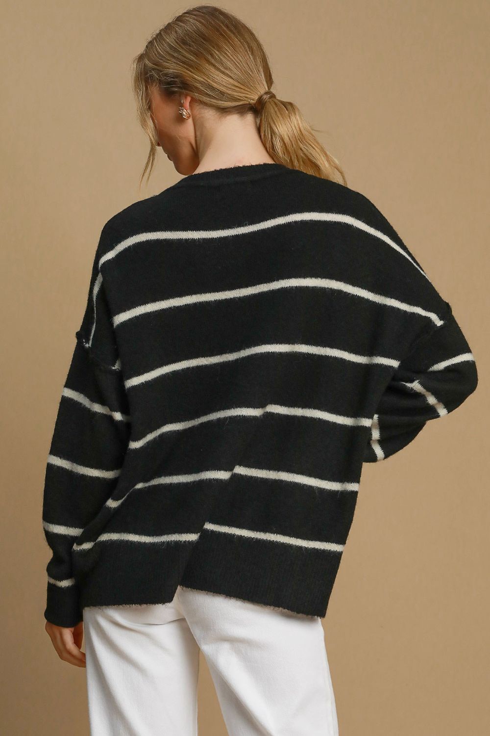 Umgee Wool Blend Striped Round Neck Sweater-Angel Casuals