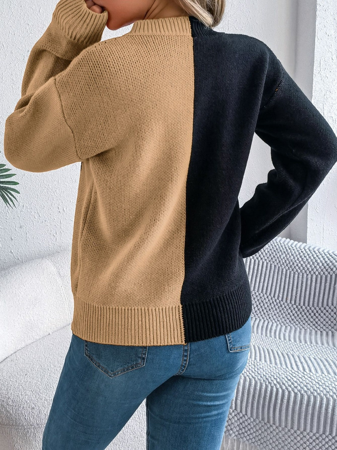 Contrast Round Neck Long Sleeve Sweater-Angel Casuals