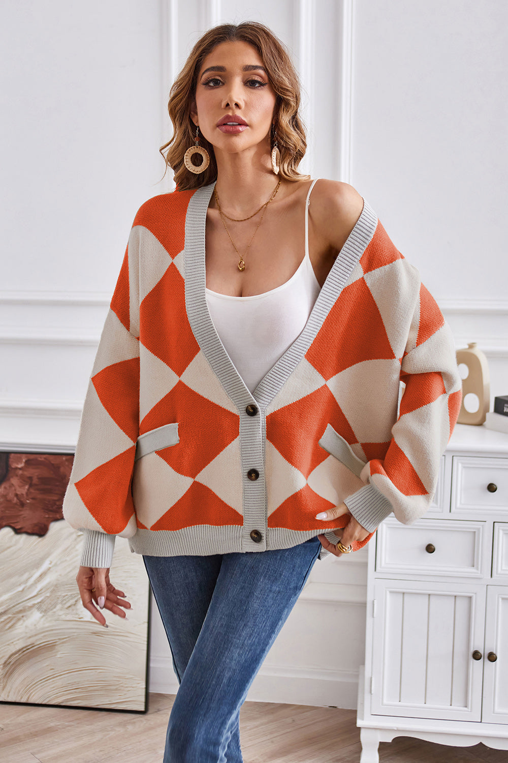 Geometric Lantern Sleeve Cardigan with Pockets-Angel Casuals