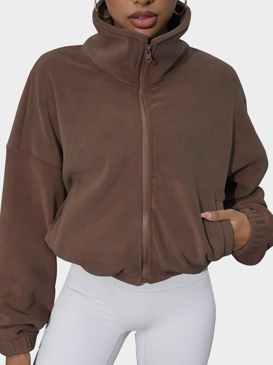 Drawstring Turtleneck Zip Up Long Sleeve Jacket-Angel Casuals