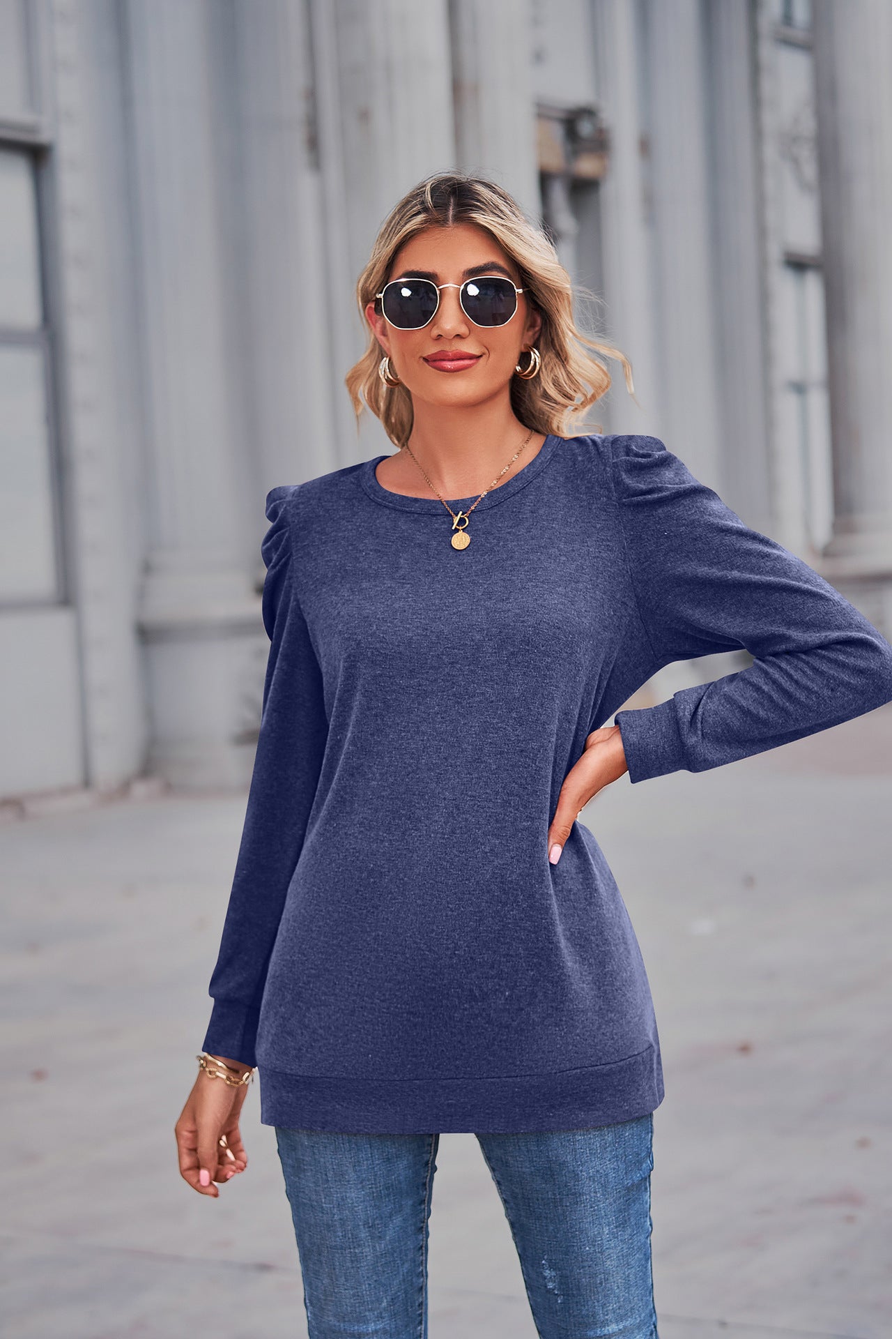 Heathered Puff Sleeve Round Neck Tunic Top-Angel Casuals