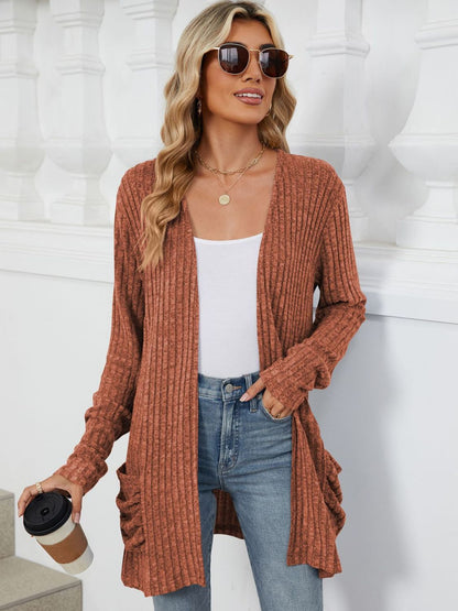 Pocketed Open Front Long Sleeve Cardigan-Angel Casuals