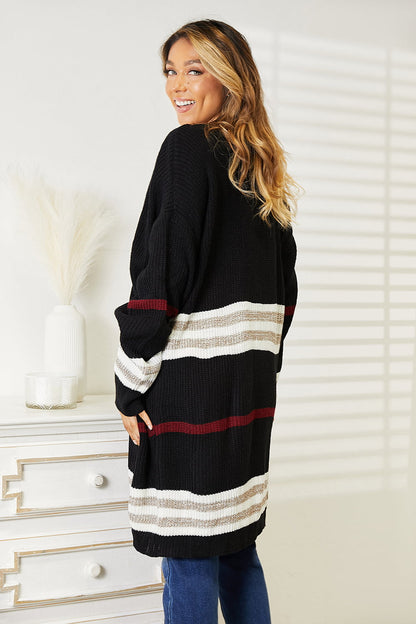 Striped Rib-Knit Drop Shoulder Open Front Cardigan-Angel Casuals