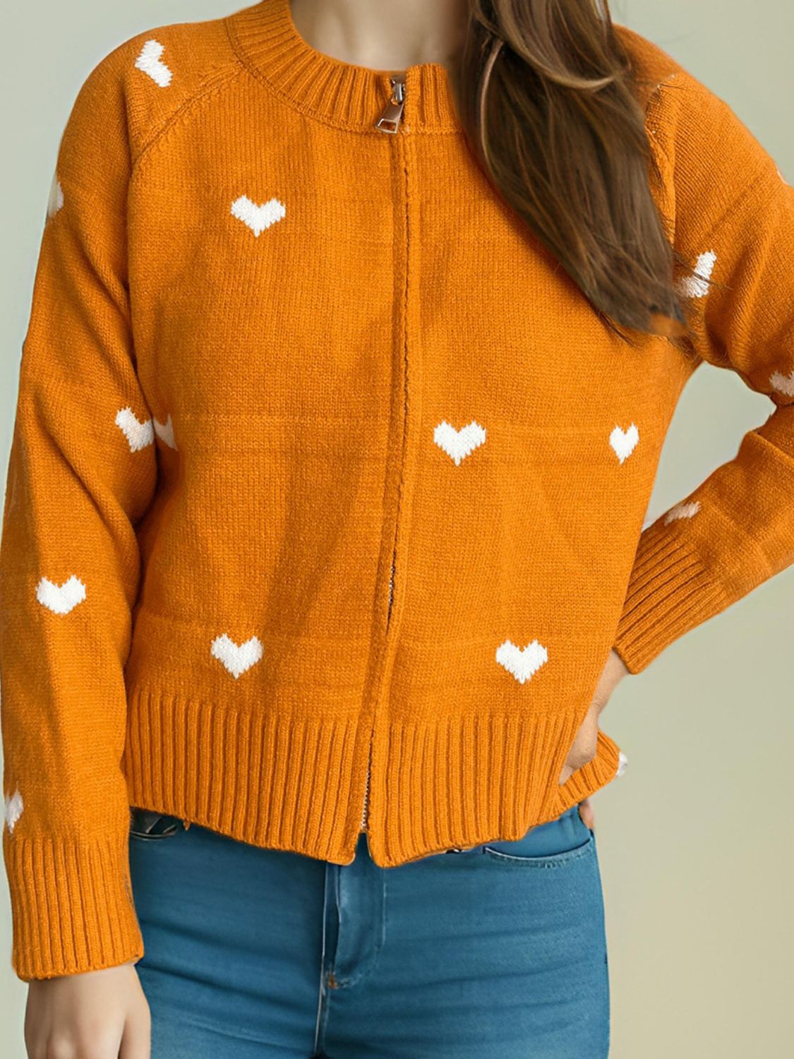 Heart Round Neck Zip Up Cardigan-Angel Casuals