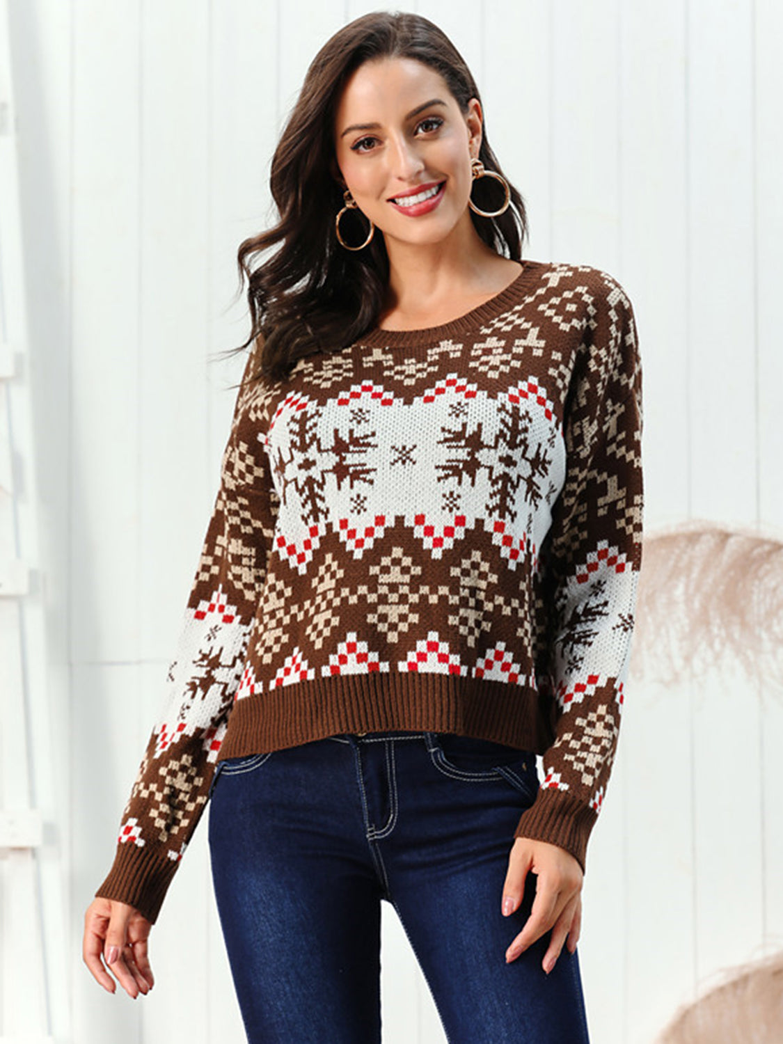 Snowflake Pattern Round Neck Sweater-Angel Casuals