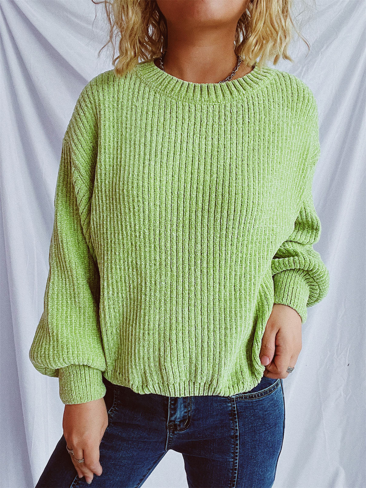 Round Neck Dropped Shoulder Long Sleeve Sweater-Angel Casuals