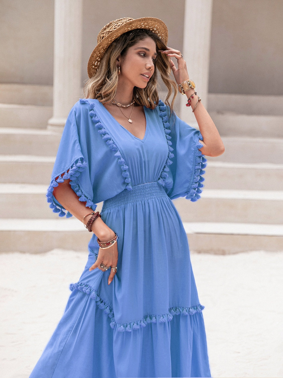 Tassel Trim Smocked V-Neck Short Sleeve Dress-Angel Casuals