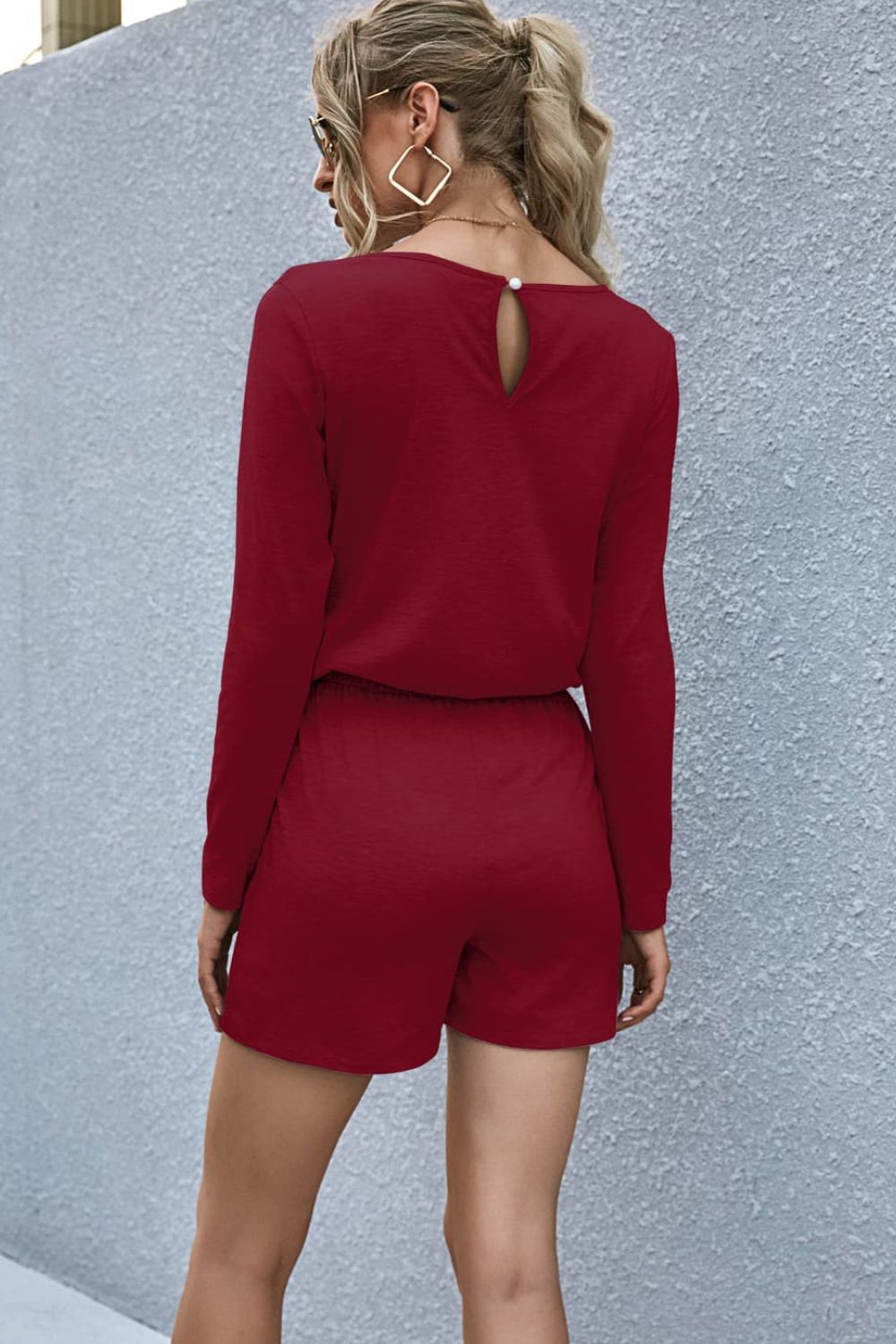 Drawstring Waist Long Sleeve Romper-Angel Casuals