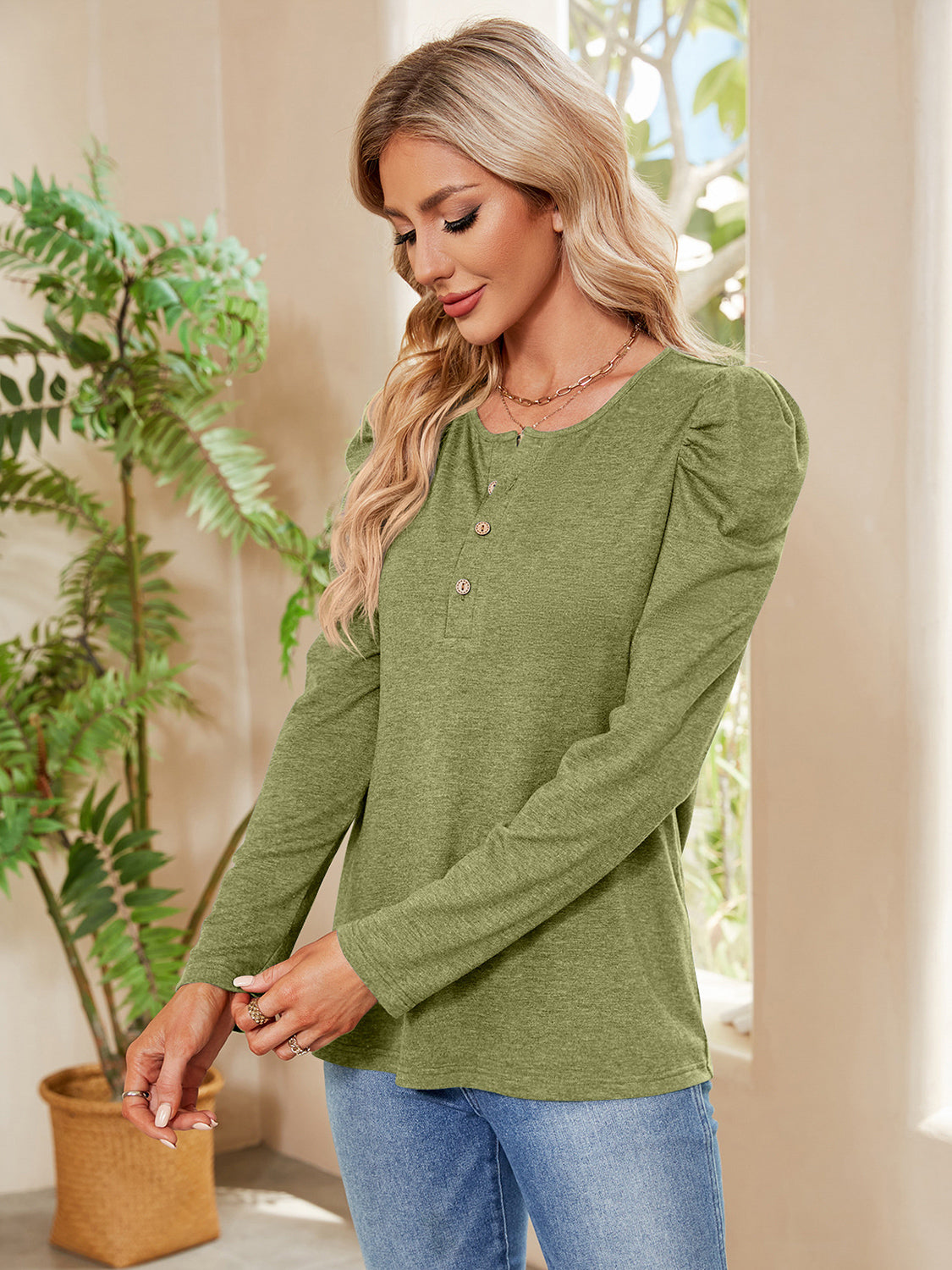 Buttoned Round Neck Puff Sleeve T-Shirt-Angel Casuals