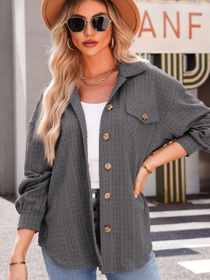 Textured Button Up Long Sleeve Shacket-Angel Casuals