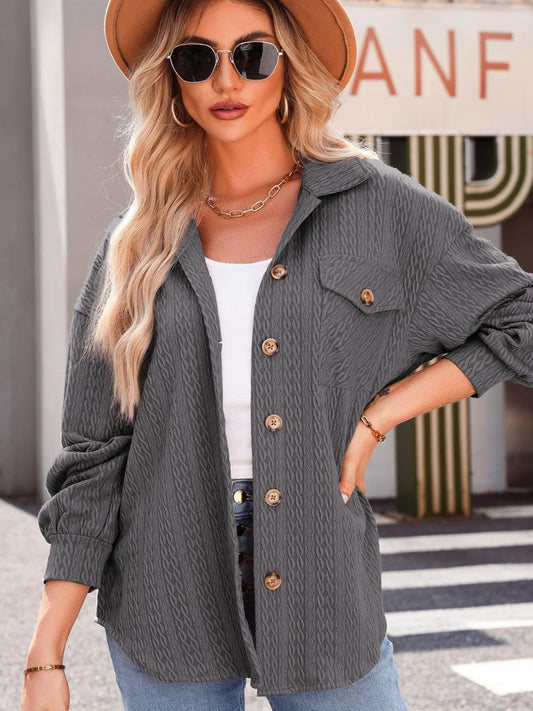 Textured Button Up Long Sleeve Shacket-Angel Casuals